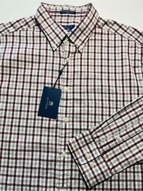 Gant Men's The Heather Oxford Fitted Check 605 Port Red Shirt Sz XL-43/44-17 1/2